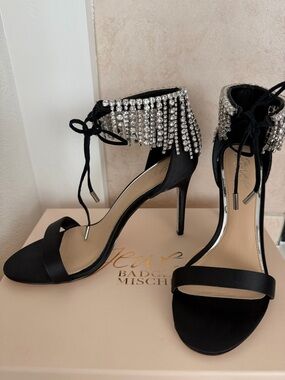 Jewel Badgley Mischka Darielle Black Satin Crystal Fringe Ankle-Tie Heels New